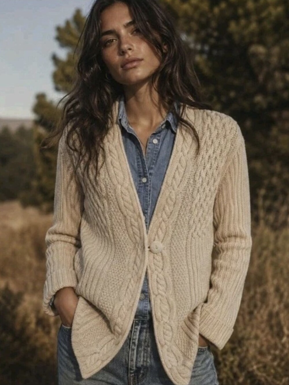 Inis Crafts Cable-Knit Cardigan Cream 100% Wool Irish Button Front Women's Sz S